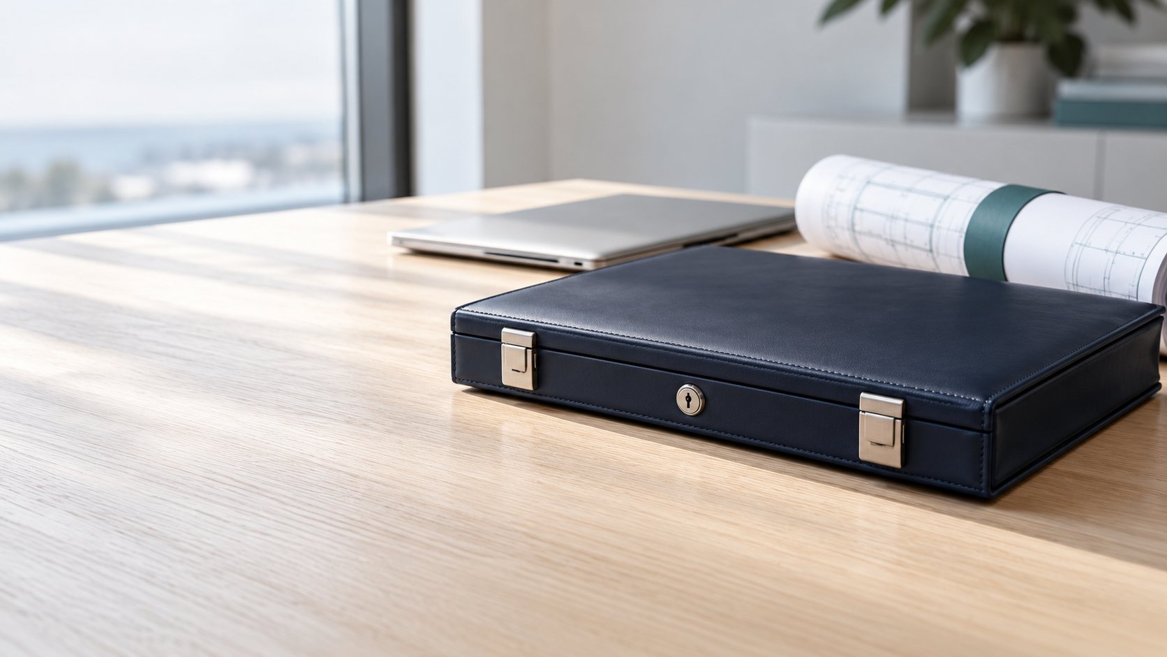 A locked navy document case beside a closed laptop and rolled drawings on an oak desk
