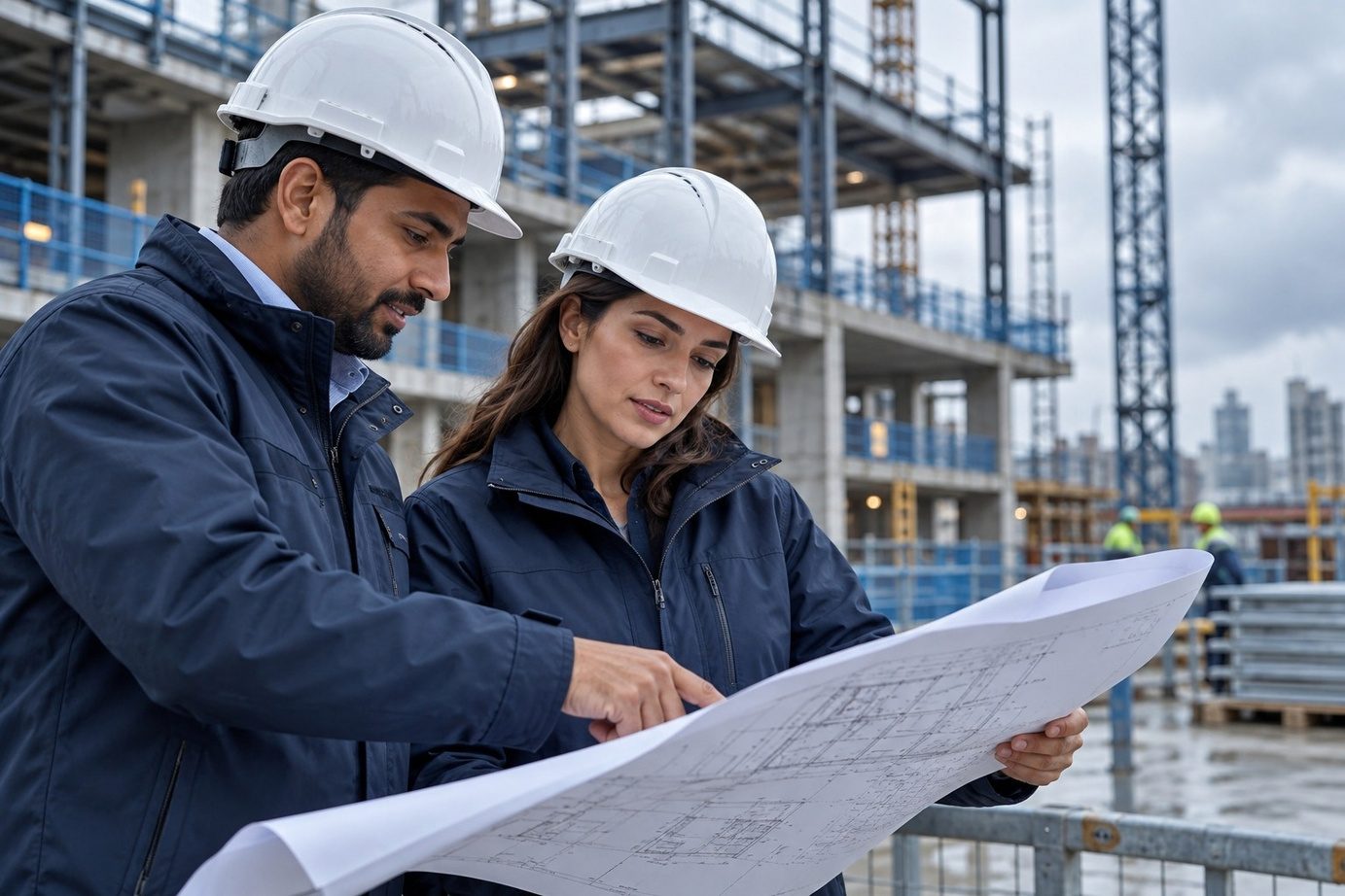 Two engineers in white hard hats studying a drawing together on a construction site